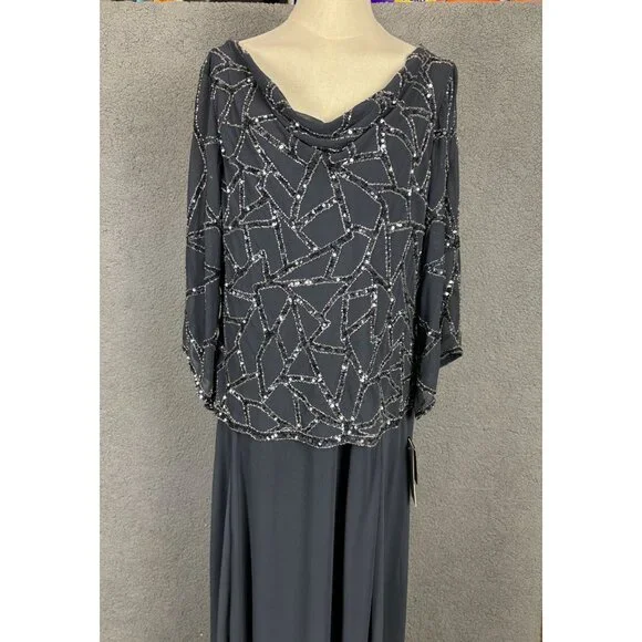 Jkara Women's Plus Size Grey Beaded Cowl Neck Gown With Sequin Overlay 14W NWT's - Picture 2 of 8